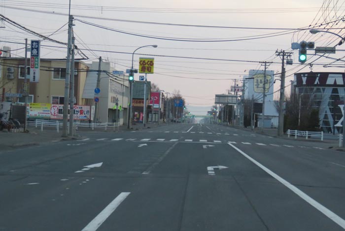 webnews今朝の北見/東6号線昭和通り交差点から奥は端野、美幌、網走、知床方面